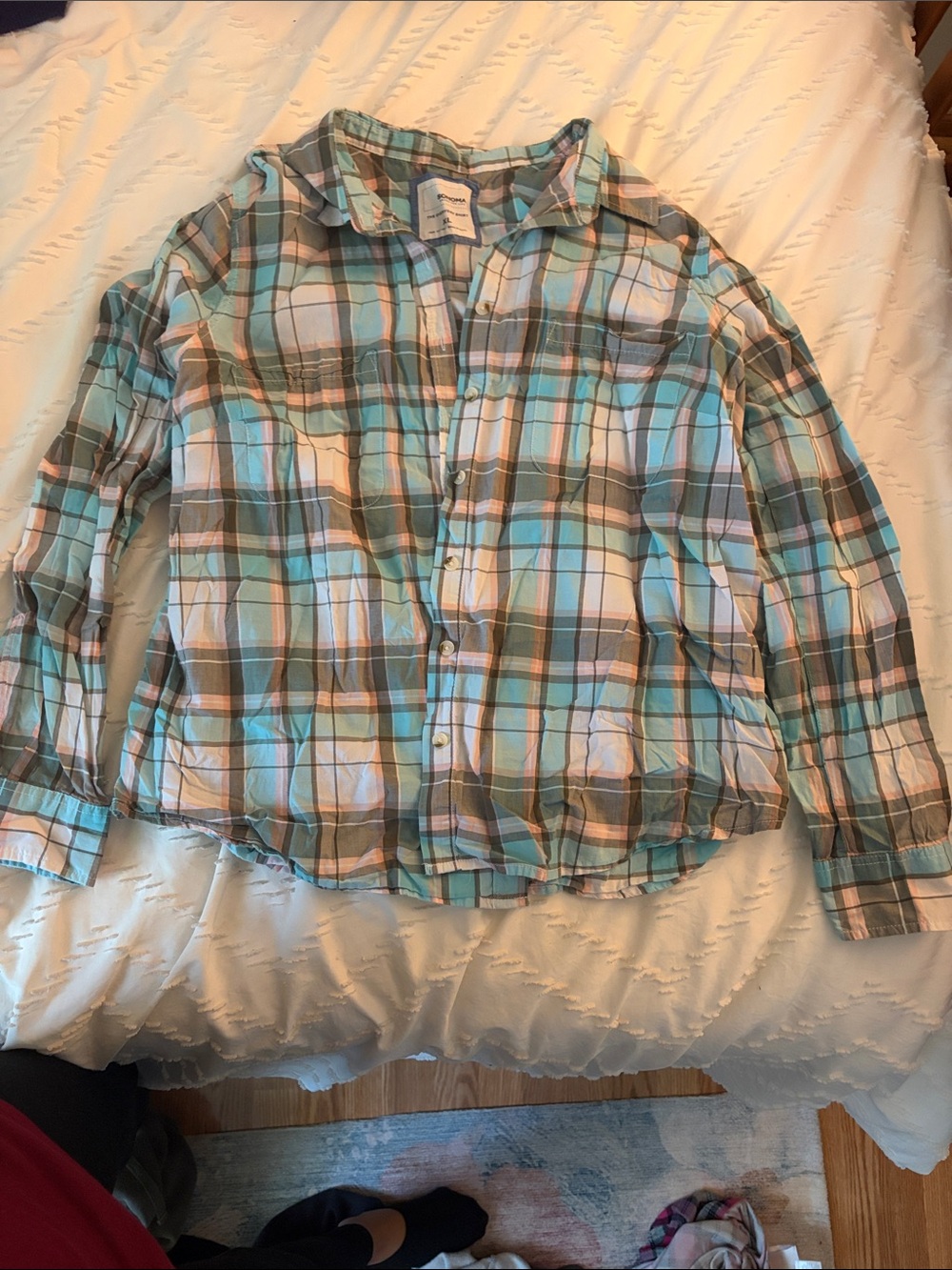 Sonoma Plaid Button-Down Shirt in Aqua, Brown & White